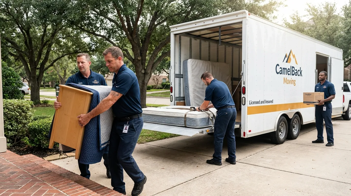Crew loading residential truck for cross-state move from Ingram, TX
