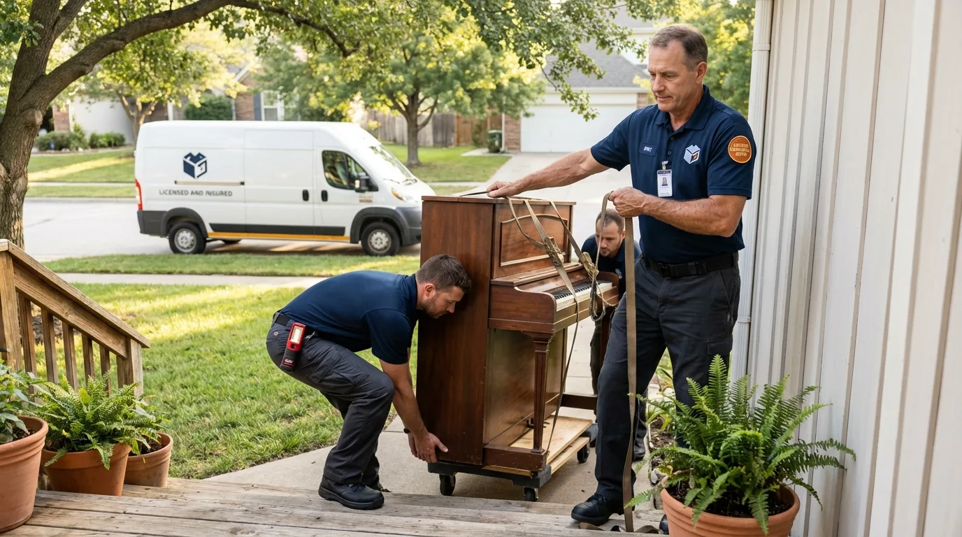 Licensed piano movers securing grand piano in Ingram, TX