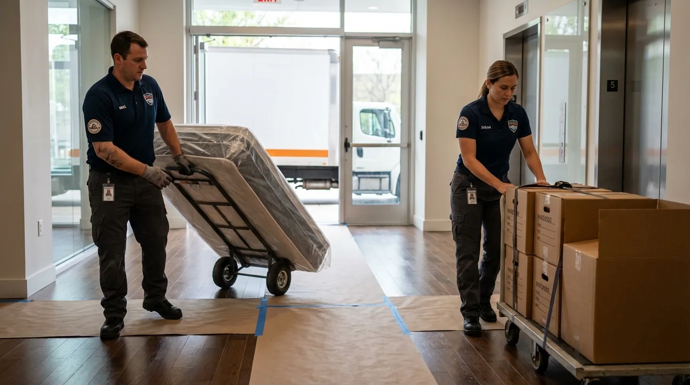 Professional apartment movers loading elevator in Ingram, TX