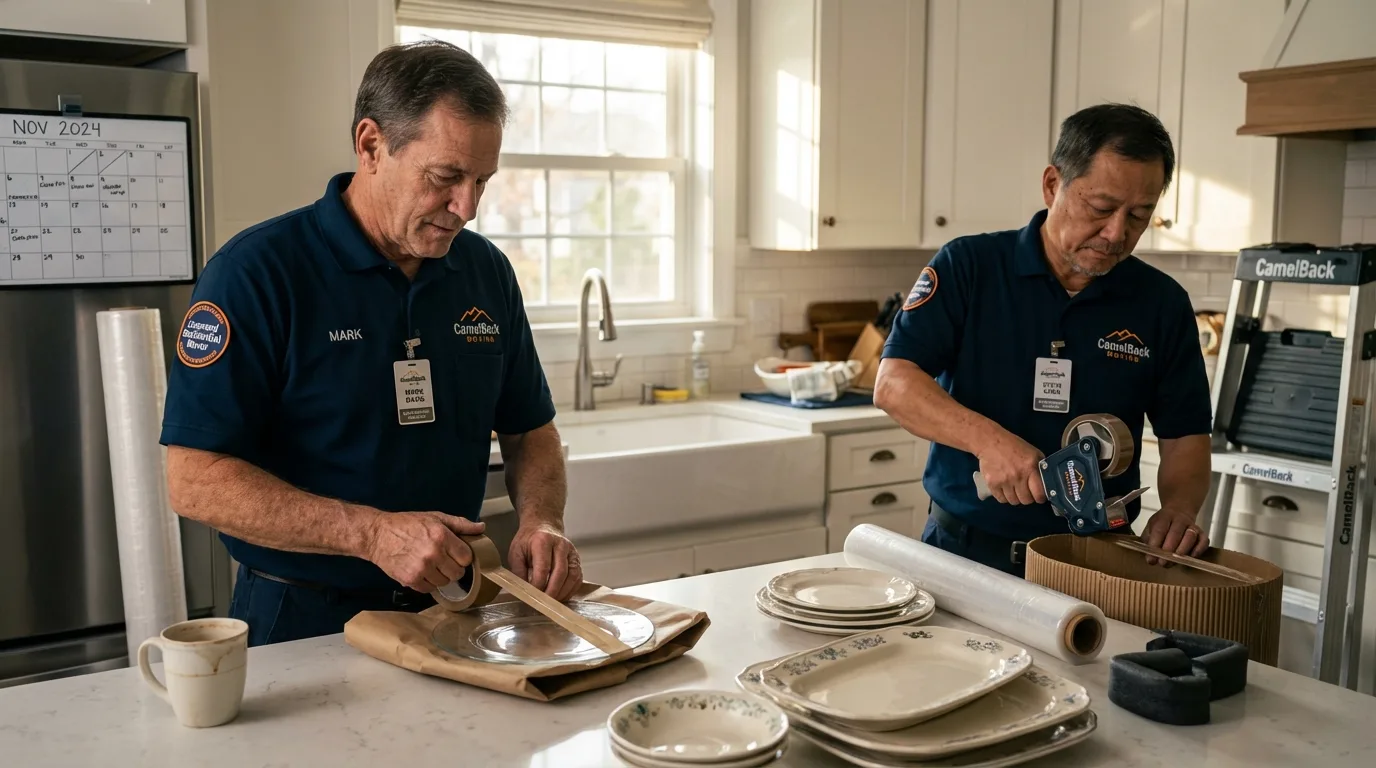 Professional crew packing kitchen dishware in Ingram, TX